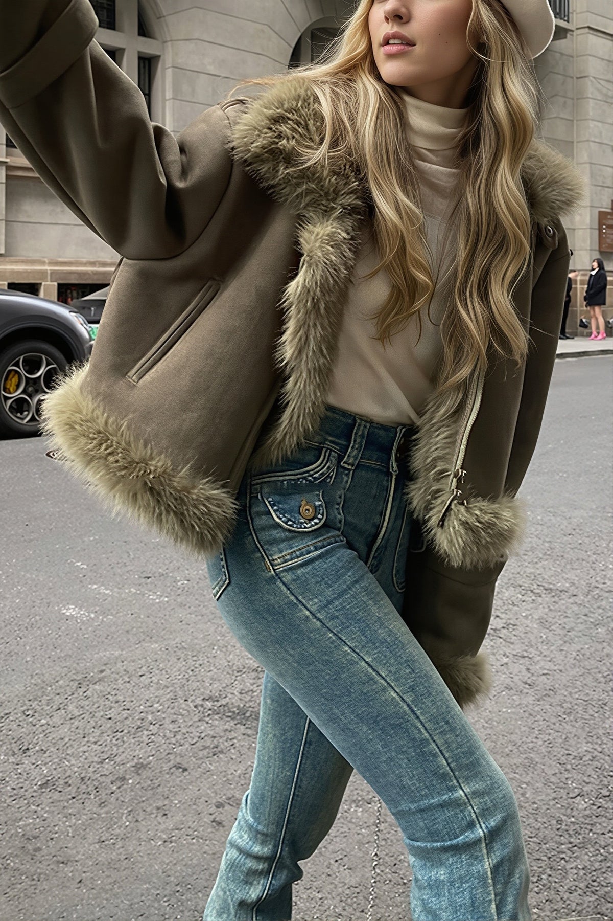 Annis | Women's Suede-Look Cropped Aviator Jacket with Faux Fur Collar