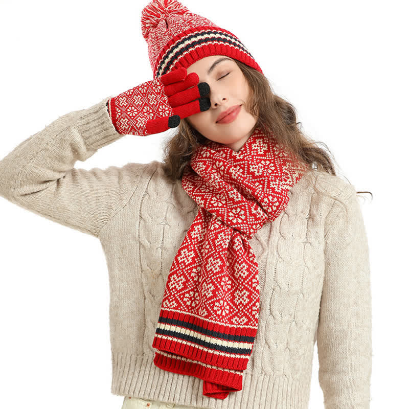 Noor | Women's Snowflake Knit Hat, Scarf & Touchscreen Gloves Gift Set