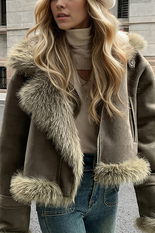 Annis | Women's Suede-Look Cropped Aviator Jacket with Faux Fur Collar