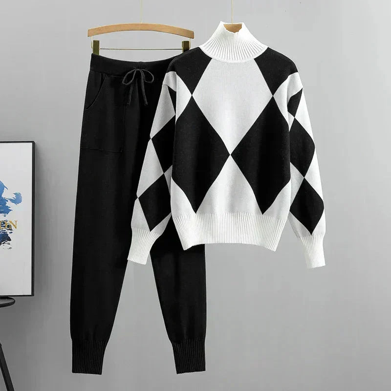 Freyja | Women's Geometric High-Neck Sweater & Tapered Trouser Set