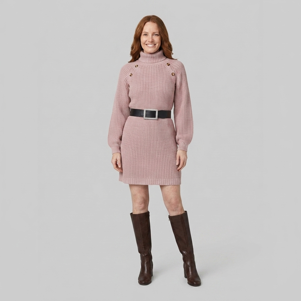 Heulwen | Women's Ribbed Knit Turtleneck Sweater Dress with Shoulder Buttons