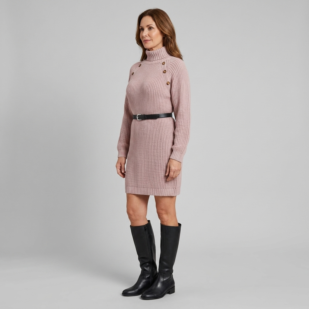Heulwen | Women's Ribbed Knit Turtleneck Sweater Dress with Shoulder Buttons