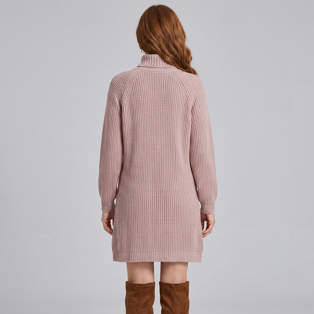 Heulwen | Women's Ribbed Knit Turtleneck Sweater Dress with Shoulder Buttons