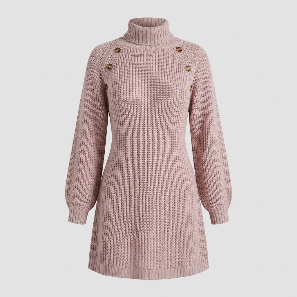 Heulwen | Women's Ribbed Knit Turtleneck Sweater Dress with Shoulder Buttons