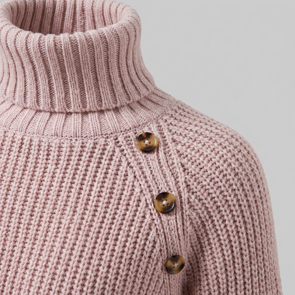 Heulwen | Women's Ribbed Knit Turtleneck Sweater Dress with Shoulder Buttons