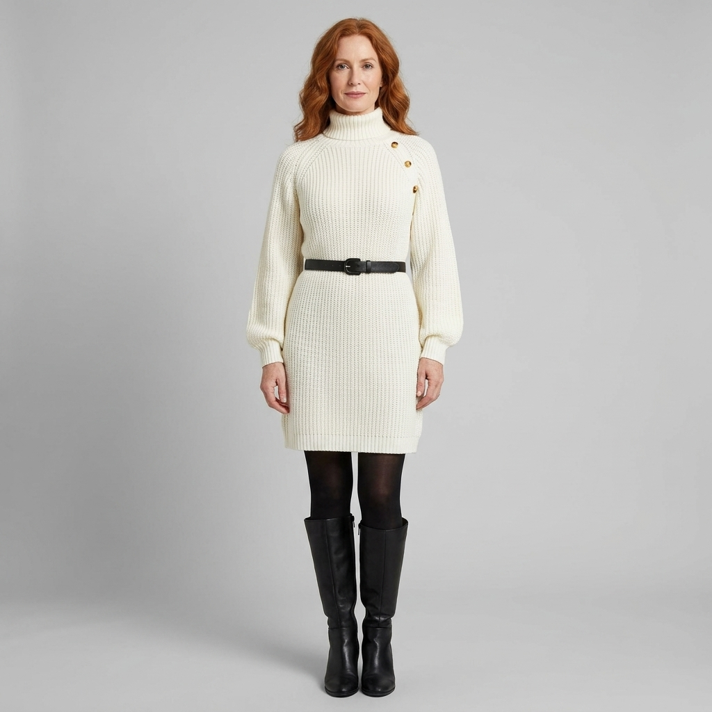 Heulwen | Women's Ribbed Knit Turtleneck Sweater Dress with Shoulder Buttons