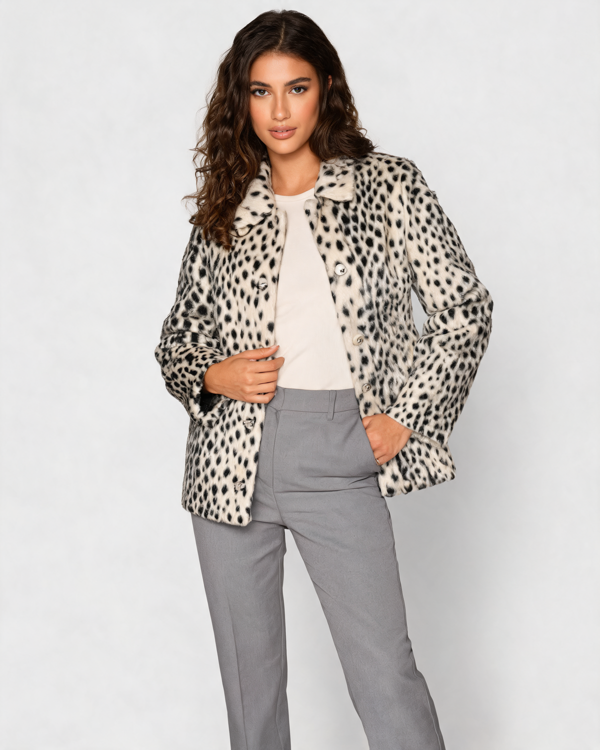 Alessia | Women's Leopard Print Faux Fur Jacket with Shirt Collar