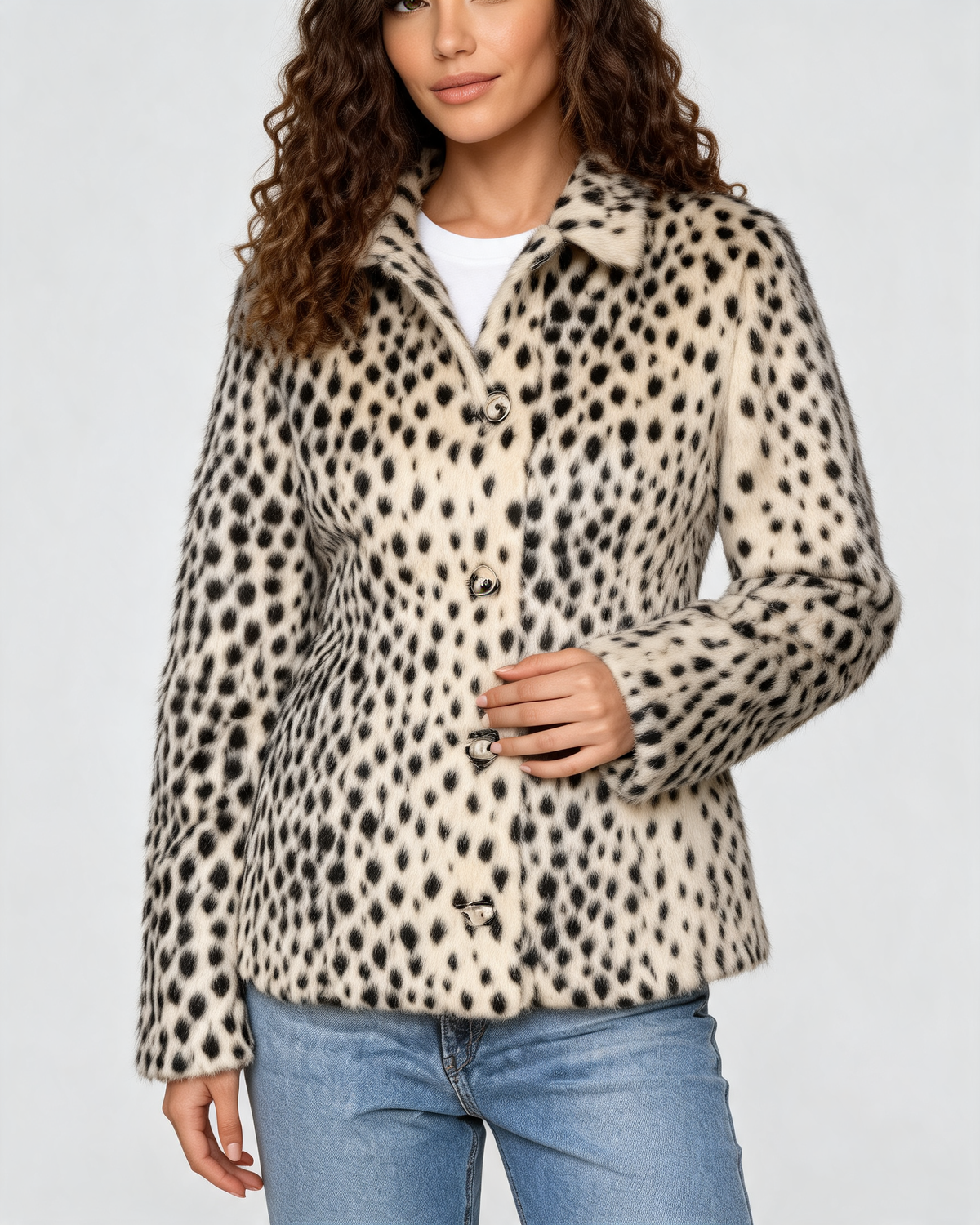 Alessia | Women's Leopard Print Faux Fur Jacket with Shirt Collar