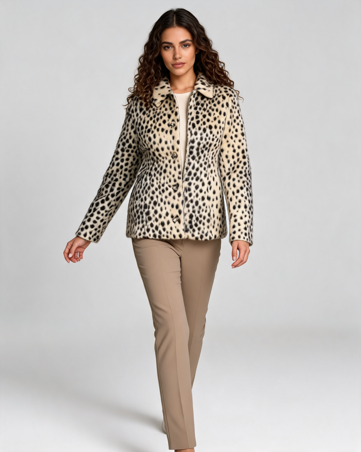 Alessia | Women's Leopard Print Faux Fur Jacket with Shirt Collar
