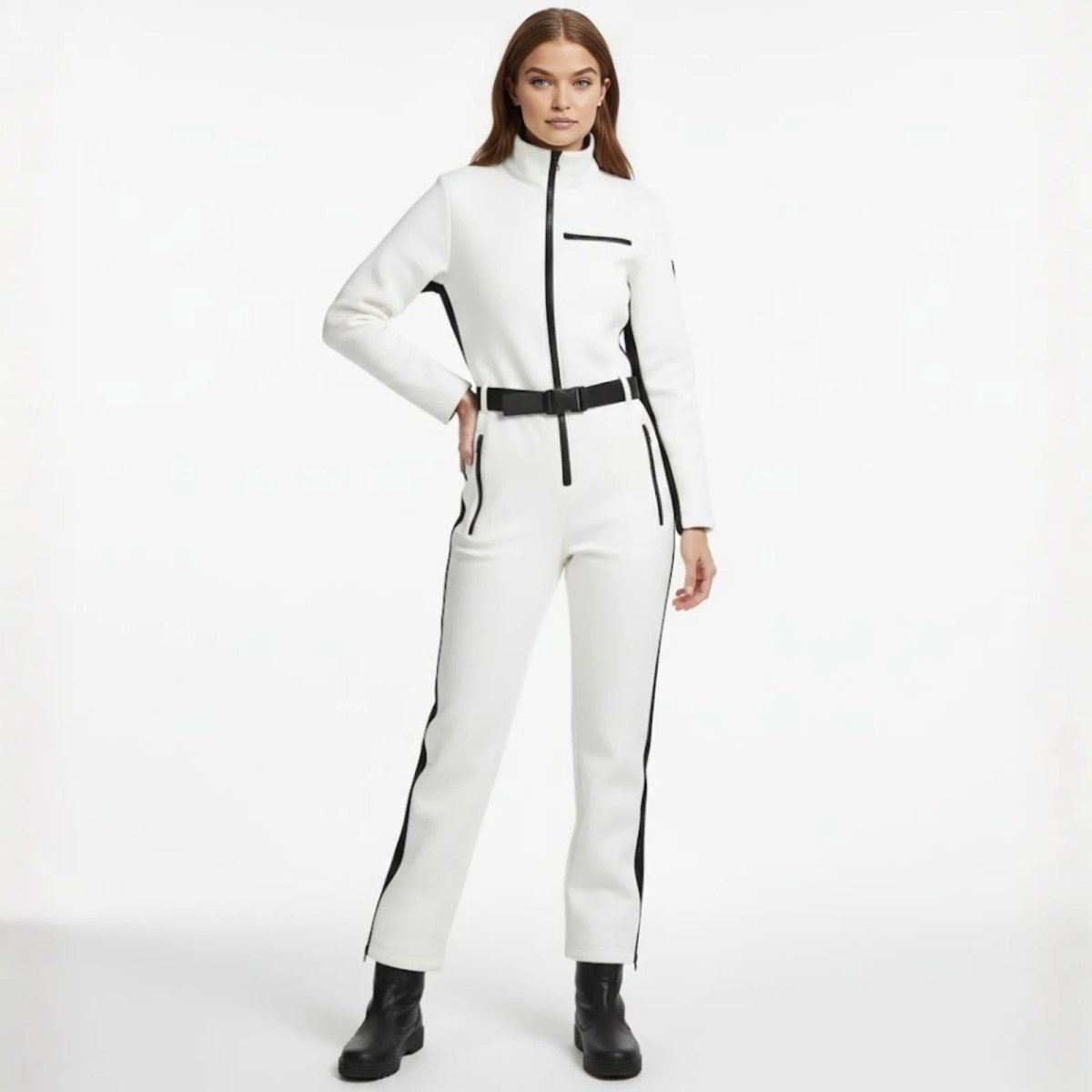 Ishbel | Women's White Belted Ski Jumpsuit with Fleece-Lined Collar