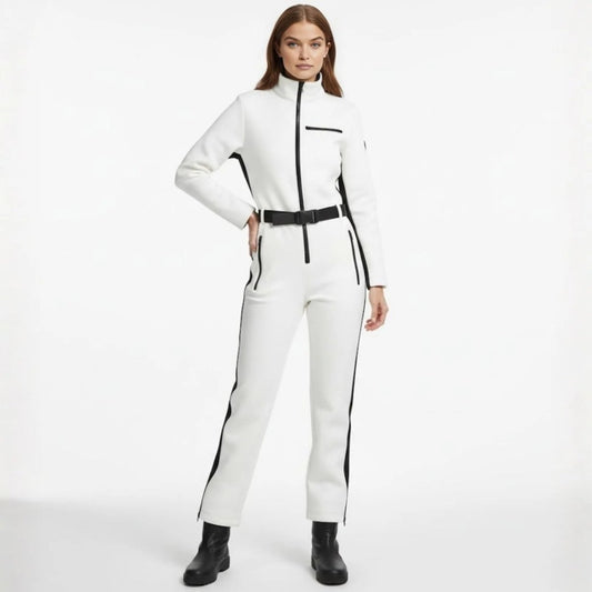 Ishbel | Women's White Belted Ski Jumpsuit with Fleece-Lined Collar