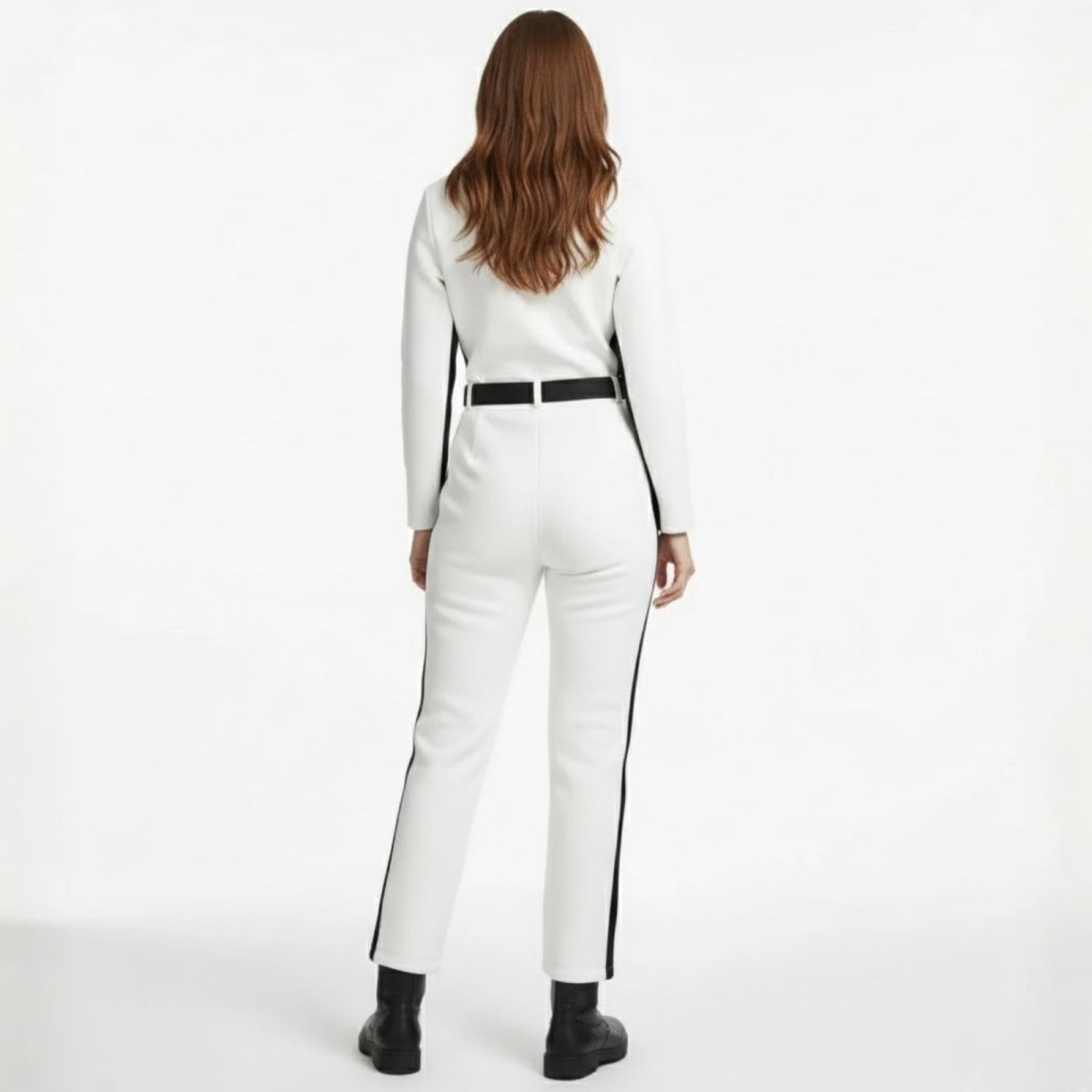 Ishbel | Women's White Belted Ski Jumpsuit with Fleece-Lined Collar
