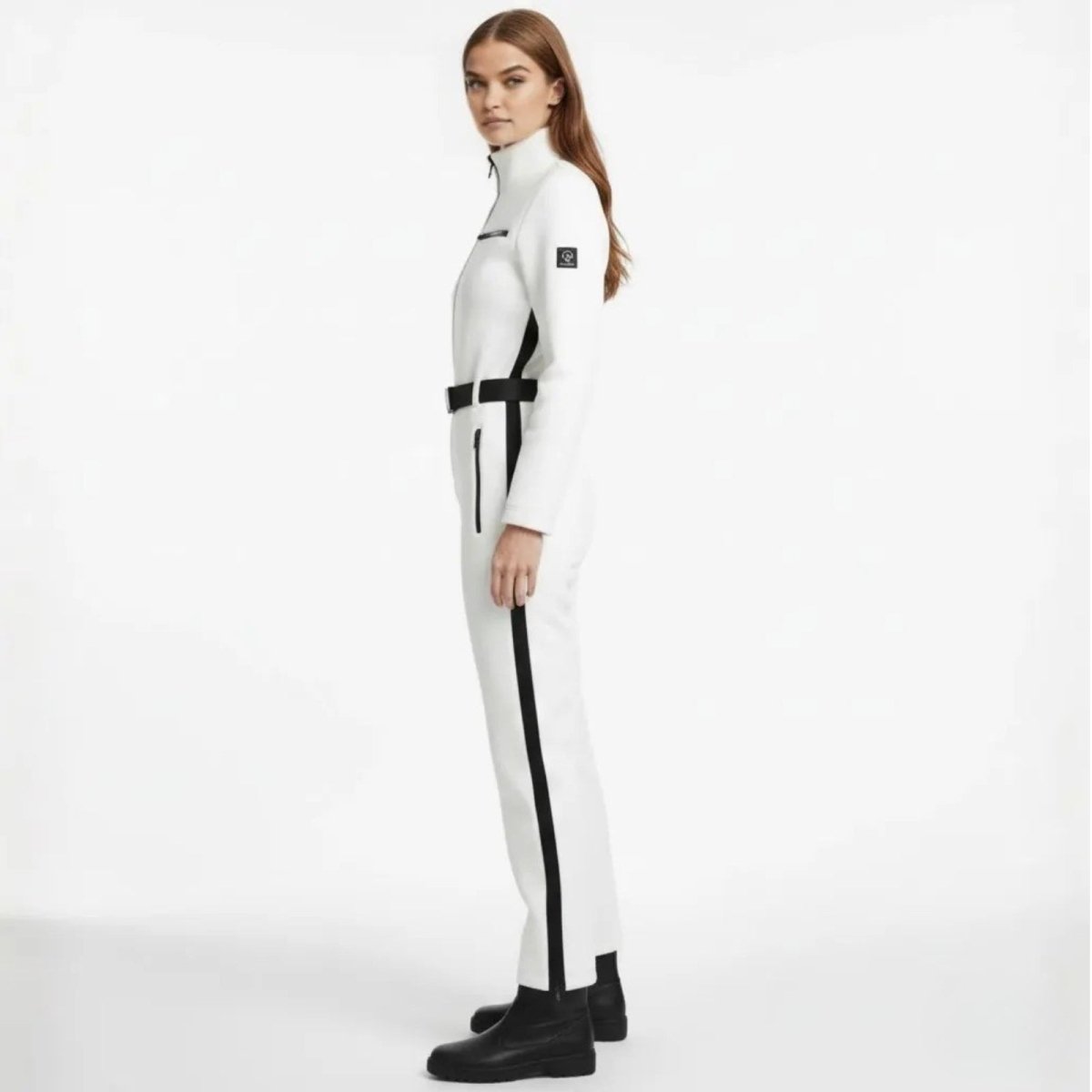 Ishbel | Women's White Belted Ski Jumpsuit with Fleece-Lined Collar