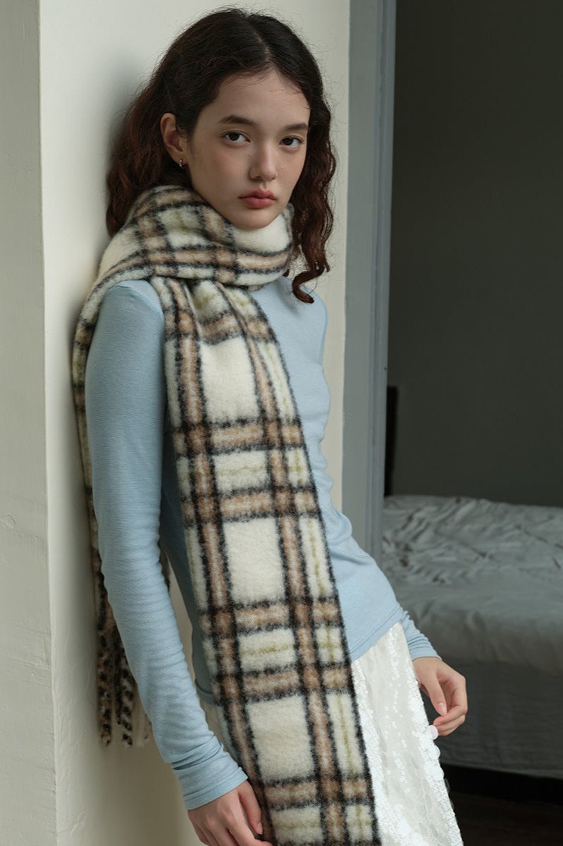 Agnes | Women's Long Plaid Wool Scarf with Fringe – Off White
