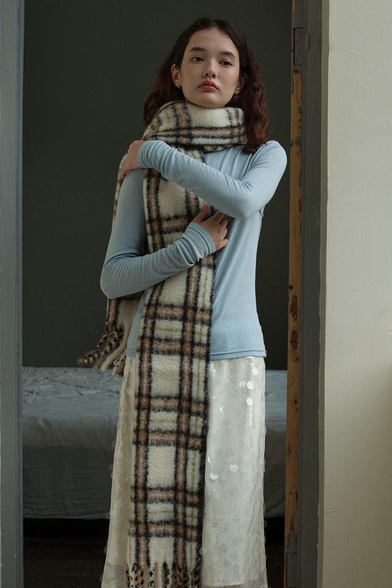 Agnes | Women's Long Plaid Wool Scarf with Fringe – Off White