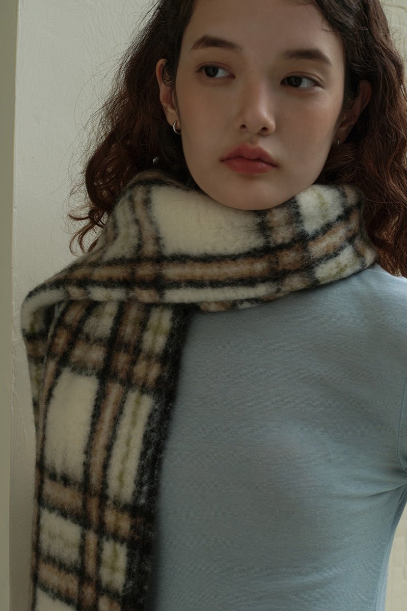 Agnes | Women's Long Plaid Wool Scarf with Fringe – Off White