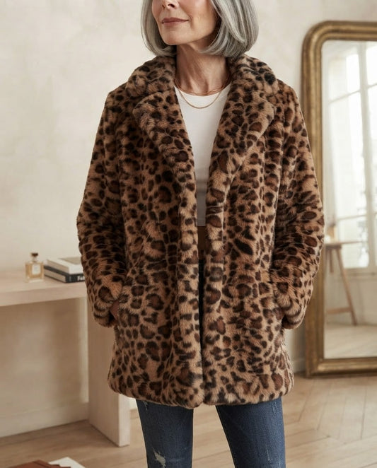 Odette | Women's Leopard Print Faux Fur Coat with Turn-Down Collar