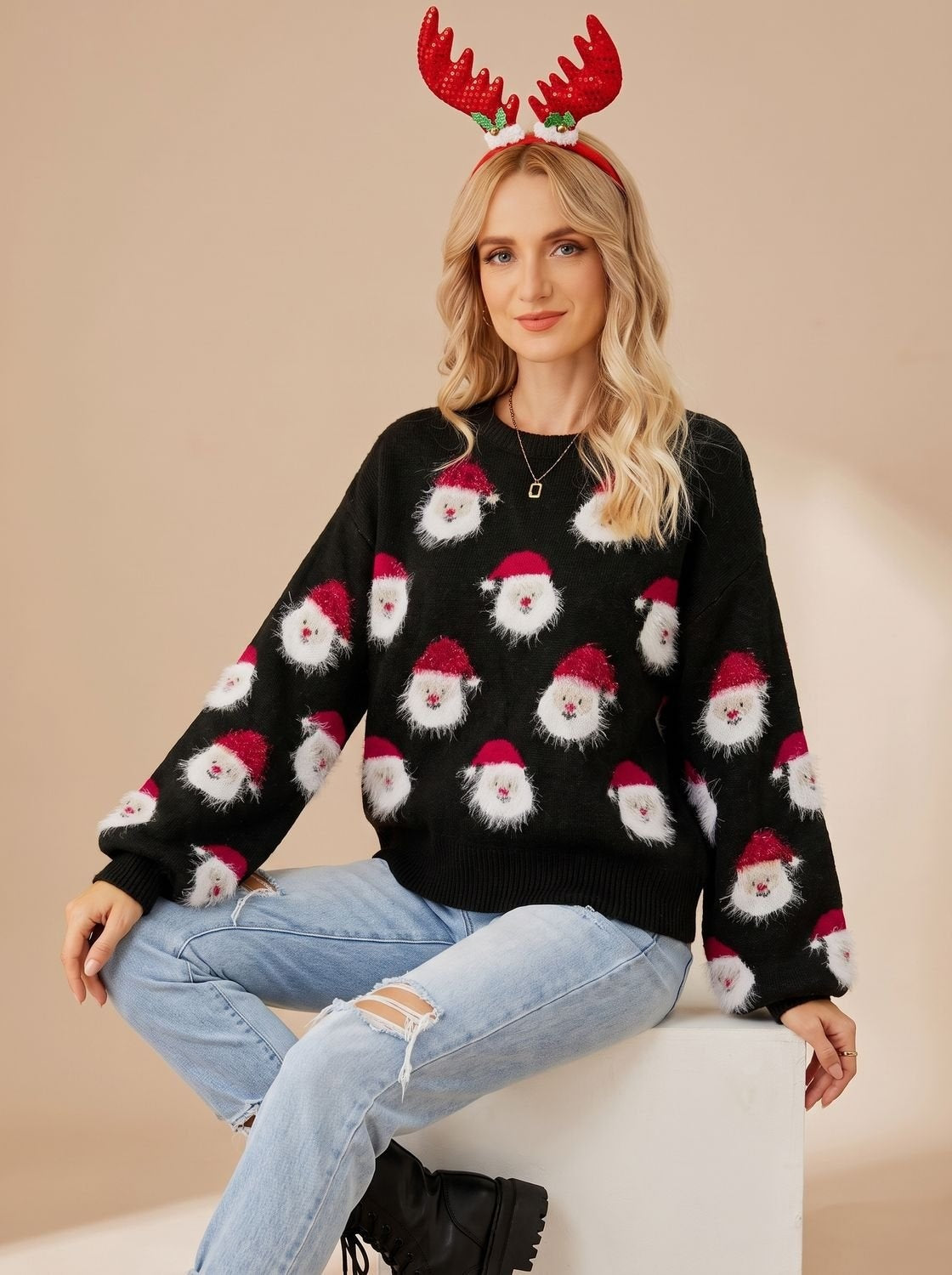 Alma | Women's Oversized Santa Pattern Christmas Jumper with Balloon Sleeves