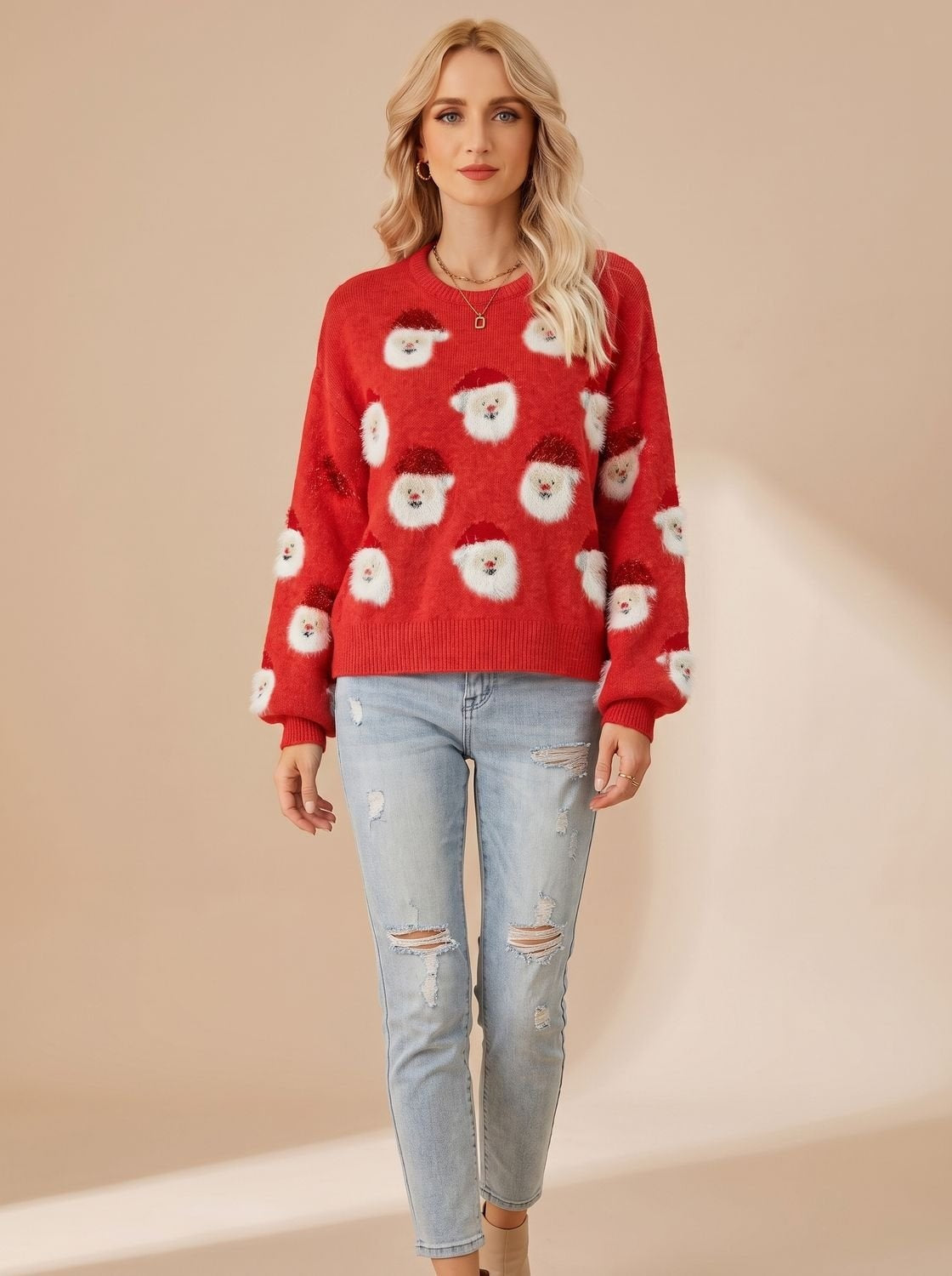 Alma | Women's Oversized Santa Pattern Christmas Jumper with Balloon Sleeves