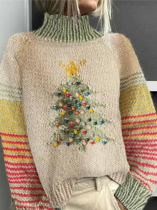 Zinnia | Women's Christmas Tree Jumper with Striped Sleeves & Roll Neck