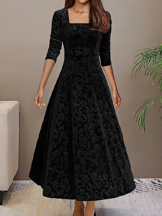 Verona | Women's Embossed Velvet Square-Neck Midi Dress with Three-Quarter Sleeves