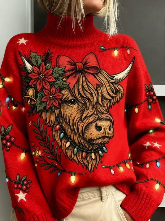 Lowenna | Women's Highland Cow Christmas Jumper – Red Roll Neck