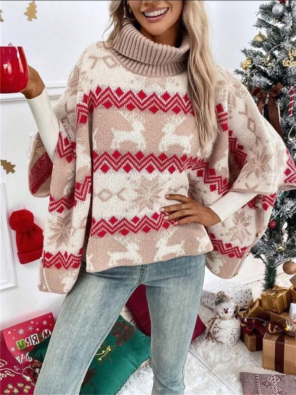 Tilde | Women's Reindeer Fair Isle Poncho Jumper with Turtleneck