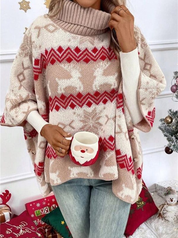 Tilde | Women's Reindeer Fair Isle Poncho Jumper with Turtleneck