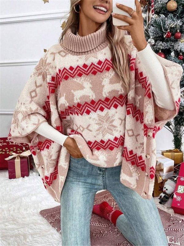 Tilde | Women's Reindeer Fair Isle Poncho Jumper with Turtleneck