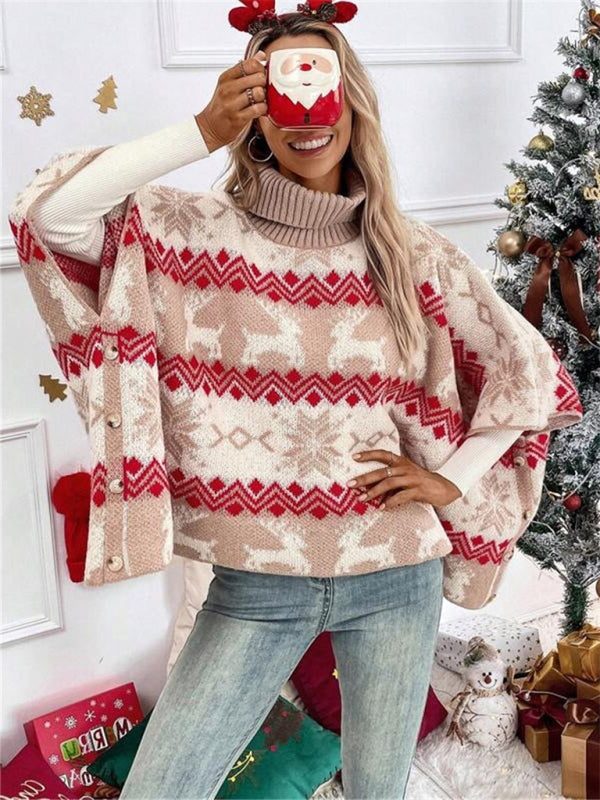 Tilde | Women's Reindeer Fair Isle Poncho Jumper with Turtleneck