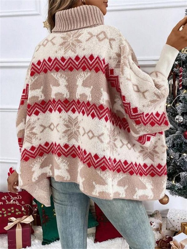 Tilde | Women's Reindeer Fair Isle Poncho Jumper with Turtleneck