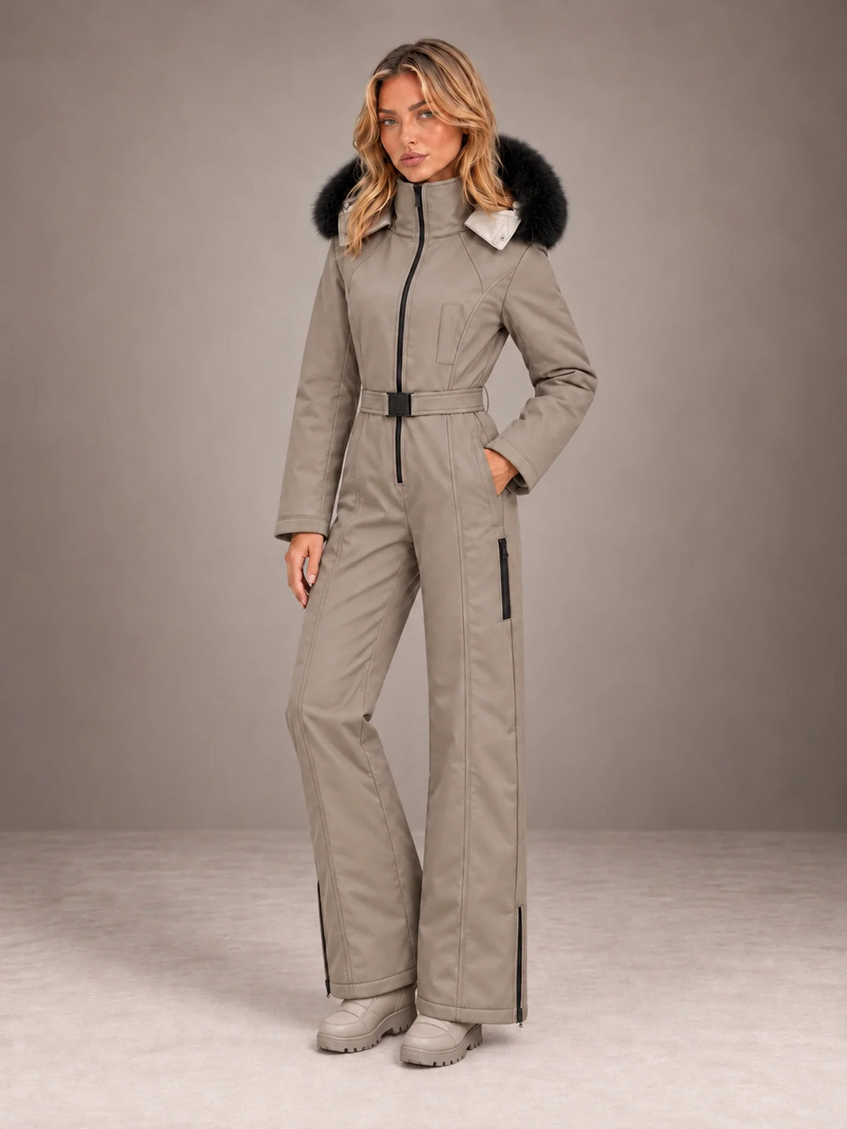 Vigdis | Women's Belted One-Piece Ski Suit with Faux Fur Hood
