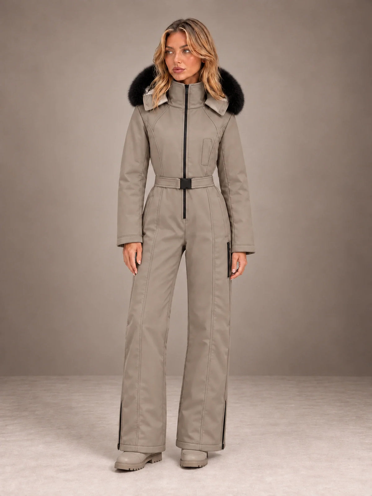 Vigdis | Women's Belted One-Piece Ski Suit with Faux Fur Hood