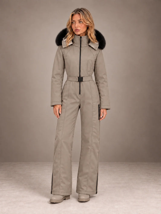 Vigdis | Women's Belted One-Piece Ski Suit with Faux Fur Hood